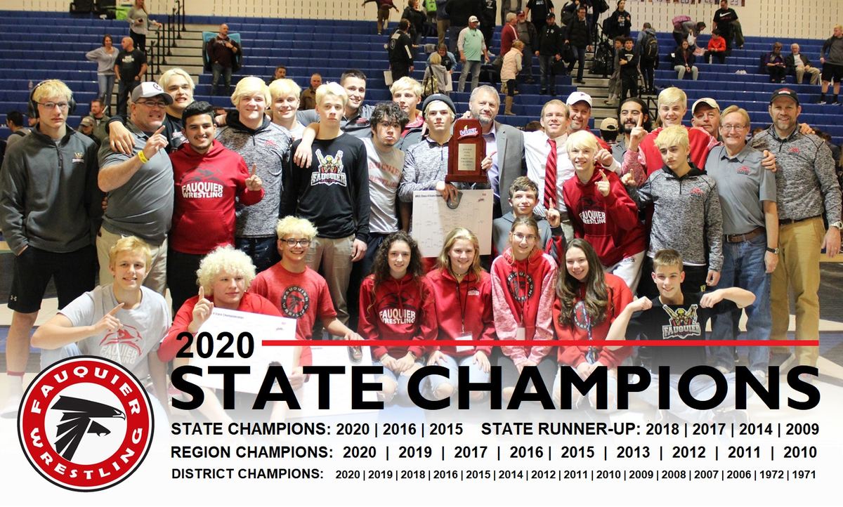 Fauquier wrestlers and coaches with the 2020 VHSL 4A state championship trophy