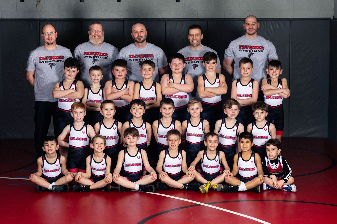 Fauquier youth wrestling beginner group team photo with coaches