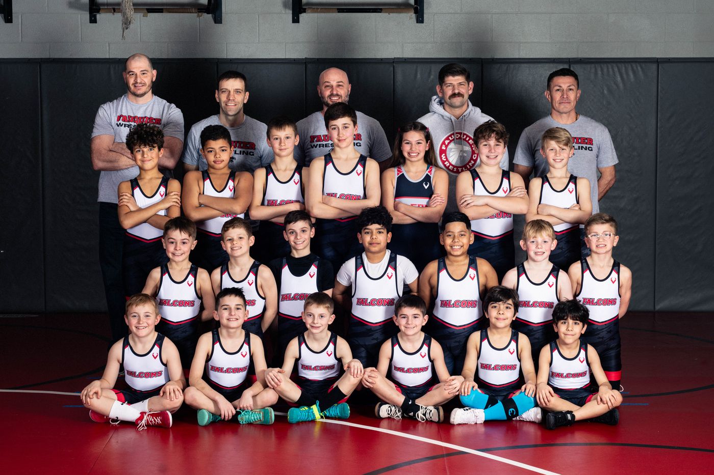 Fauquier youth wrestling intermediate group team photo with coaches